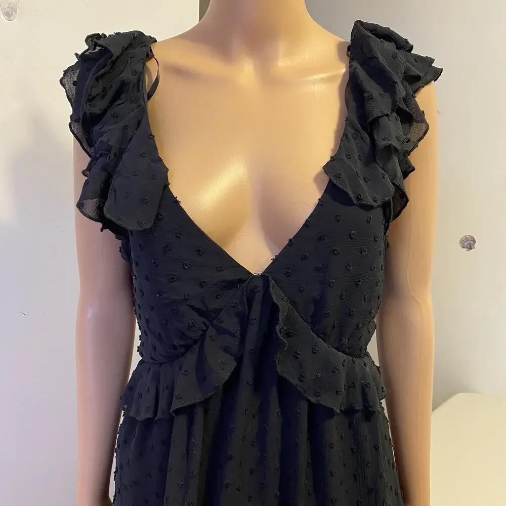 Trixxi Babydoll Mini Dress XL Black Ruffle Hem Smocked CutOut Back Dark Romantic - Picture 6 of 9
